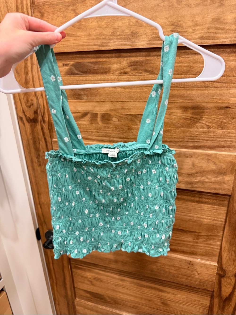 American Eagle Teal Smocked Floral Crop Tank